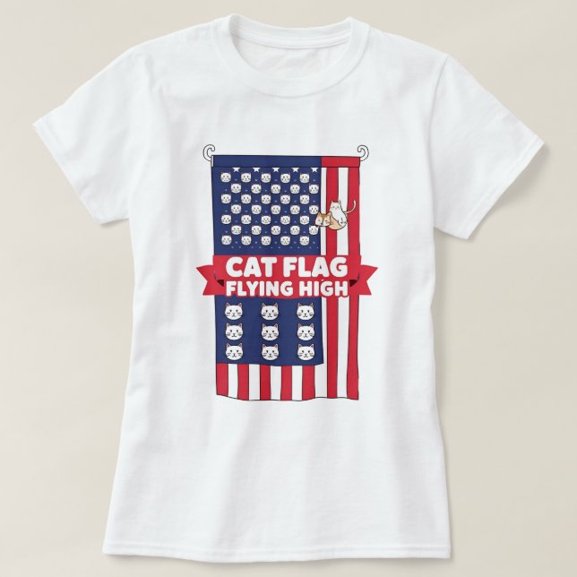 Cat Flag Flying High – Patriotic Cat T-Shirt (Design Front)