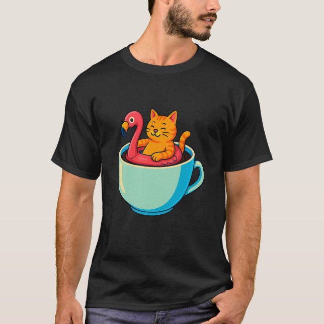 Cat Flamingo Floatie Coffee Cup Funny Chill Kitty  T-Shirt (Front)