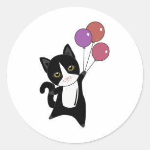Cat Flies Up With Colourful Balloons Classic Round Sticker