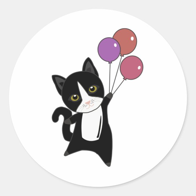 Cat Flies Up With Colourful Balloons Classic Round Sticker (Front)