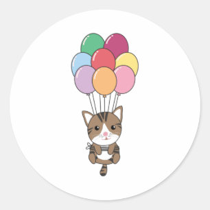 Cat Flies Up With Colourful Balloons Classic Round Sticker