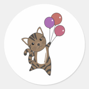 Cat Flies Up With Colourful Balloons Classic Round Sticker