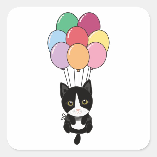 Cat Flies Up With Colourful Balloons Square Sticker (Front)