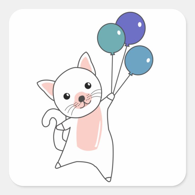 Cat Flies Up With Colourful Balloons Square Sticker (Front)