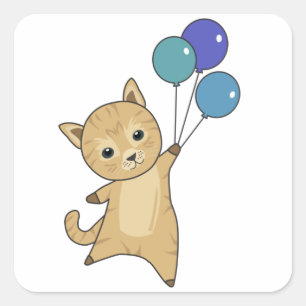 Cat Flies Up With Colourful Balloons Square Sticker
