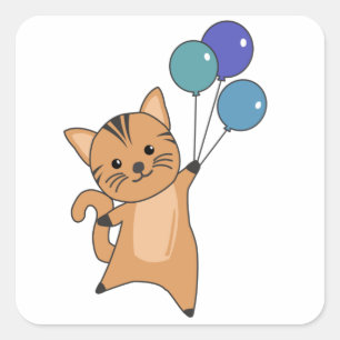 Cat Flies Up With Colourful Balloons Square Sticker