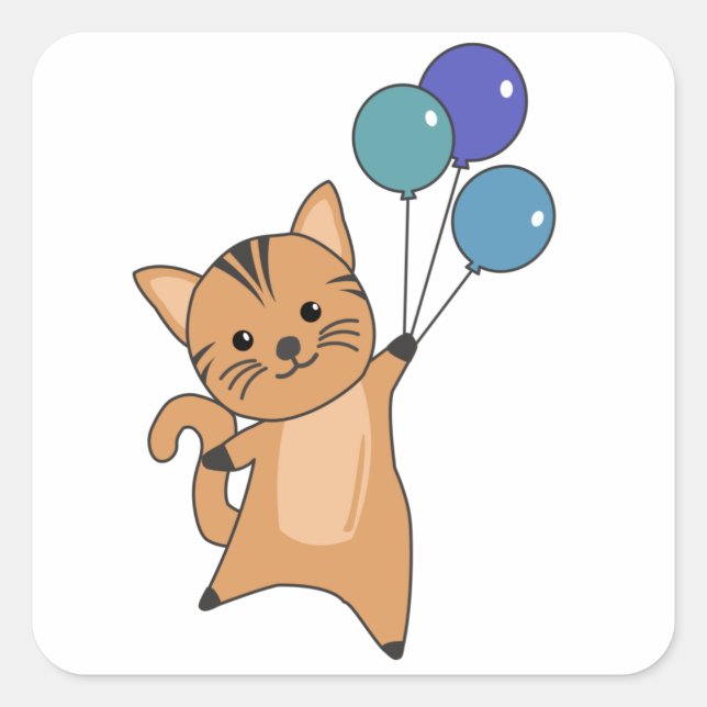 Cat Flies Up With Colourful Balloons Square Sticker (Front)