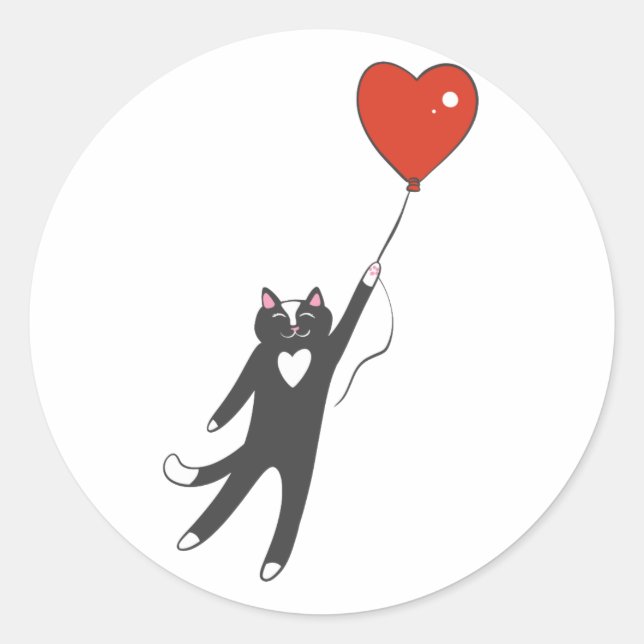 Cat floating tied to a balloon - Choose back colou Classic Round Sticker (Front)