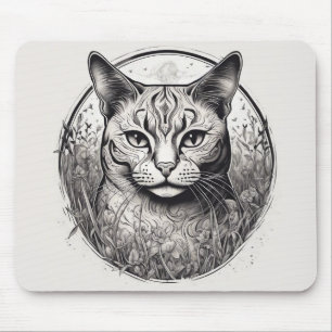 Cat Floral Black White Close Up Flowers Detailed  Mouse Mat