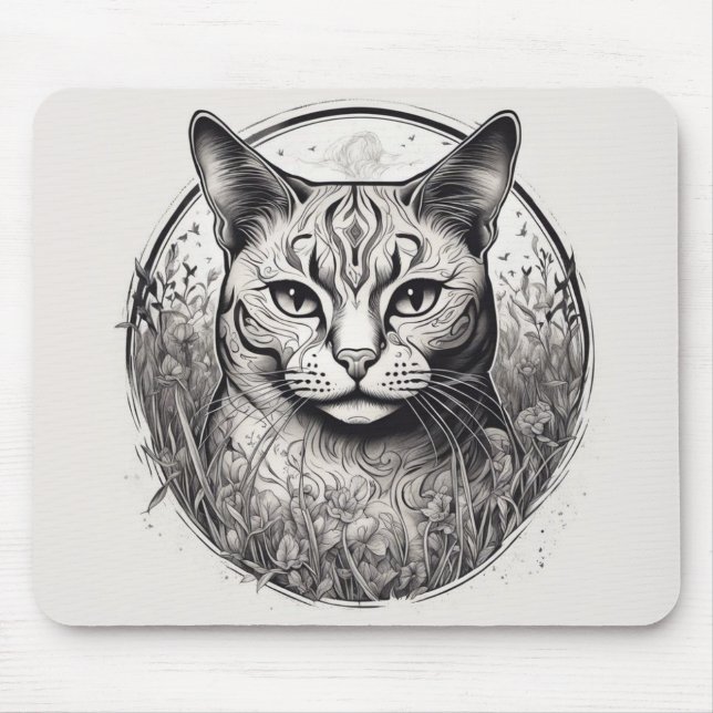 Cat Floral Black White Close Up Flowers Detailed  Mouse Mat (Front)