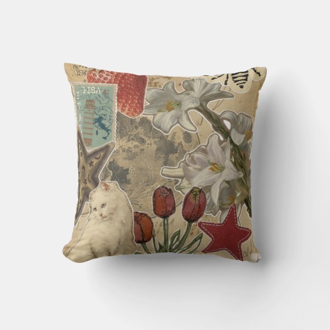 Cat Floral Collage Pattern – Cute Artistic Design Cushion (Front)