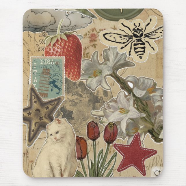 Cat Floral Collage Pattern – Cute Artistic Design Mouse Mat (Front)
