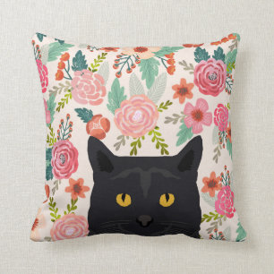 cat florals pillow - black cat cute cat lady gift