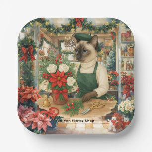Cat Florist is arranging Christmas Flowers Paper Plate