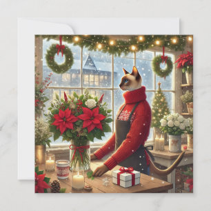 Cat Florist with Flowers Christmas Greeting  Holiday Card