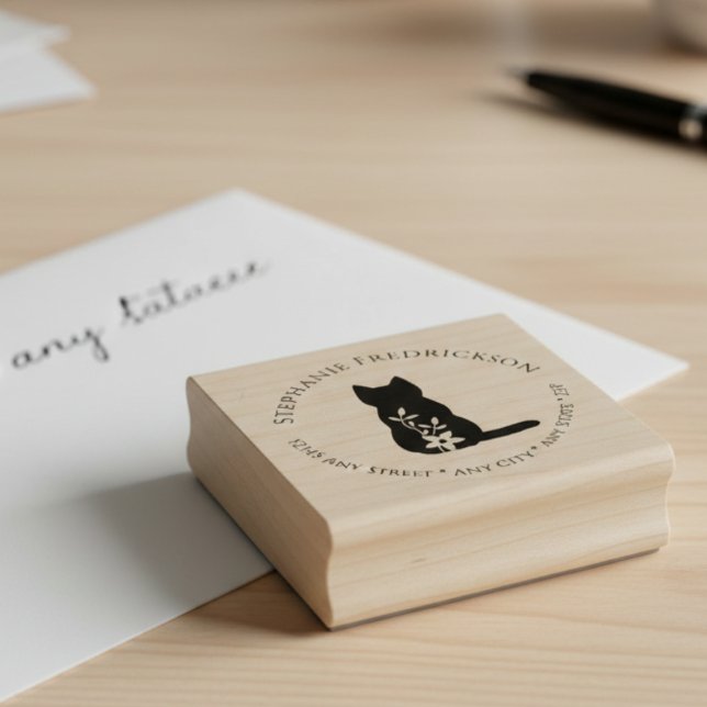 Cat & Flower Return Address Rubber Stamp (Cat return address rubber stamp)