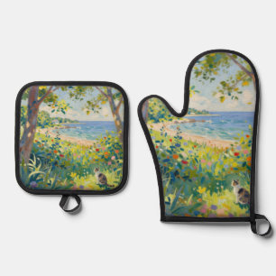 Cat Flowers And Sea Oven Mitt & Pot Holder Set