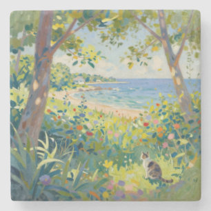 Cat Flowers And Sea Stone Coaster