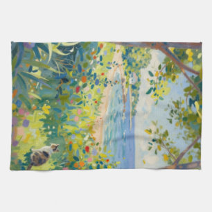 Cat Flowers And Sea Tea Towel