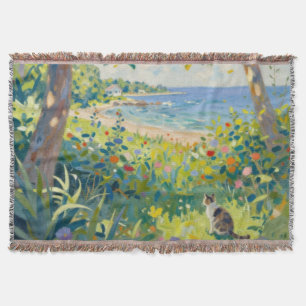 Cat Flowers And Sea Throw Blanket