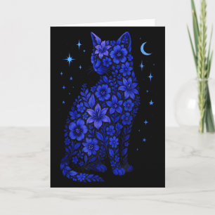 Cat Flowers Moon Stars Card