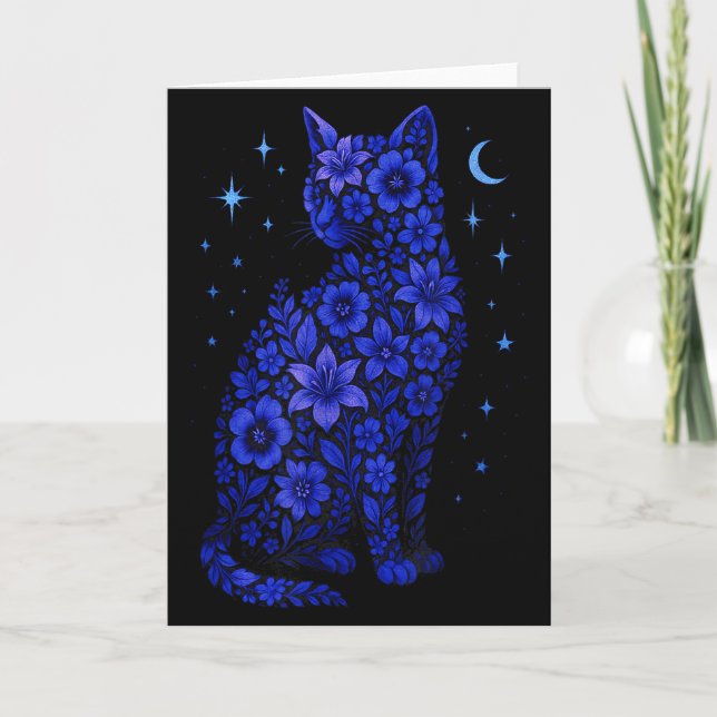 Cat Flowers Moon Stars  Card (Front)