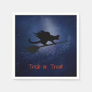 Cat Flying on a Broom Halloween Napkins