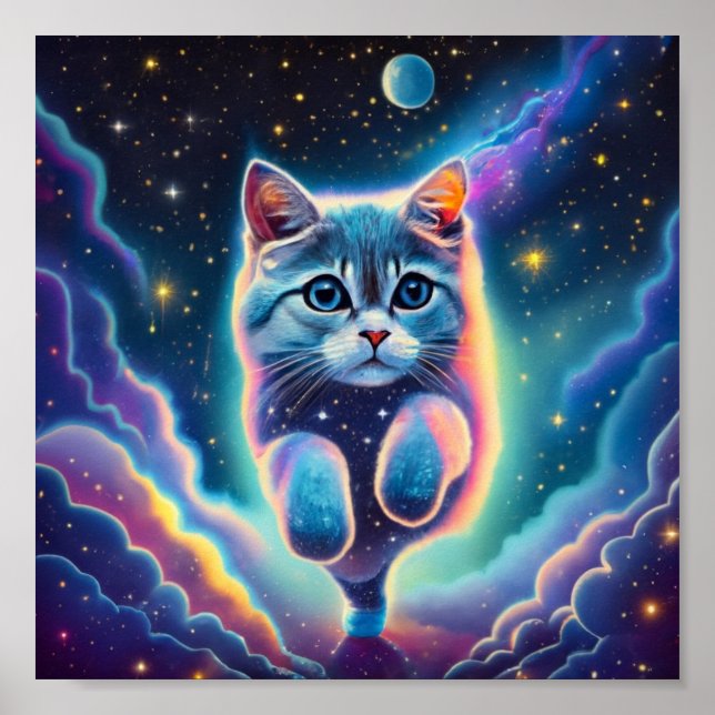 Cat Flying Through Space Poster (Front)