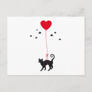 cat flying with red heart balloon and birds postcard