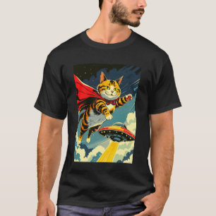 Cat Flying With UFO Novelty Tee, Cute Caped Cat & T-Shirt