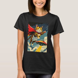 Cat Flying with UFO Novelty Tee, Cute Caped Cat &  T-Shirt