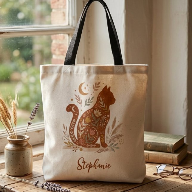 Cat Folk Art – Celestial Feline Mama Gift Tote Bag (Folk Art Floral Cat Tote Bag)