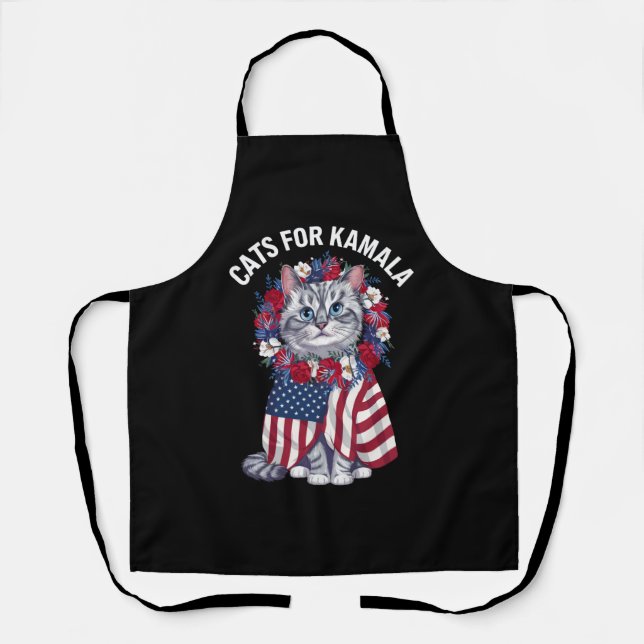 Cat For Kamala Cat Flowers American USA Flag 2024  Apron (Front)