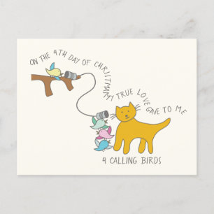 Cat Fourth Day 4 Calling Birds Christmas Postcard