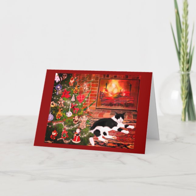 Cat Front of Warm Burning Fireplace Christmas Tree Holiday Card (Front)