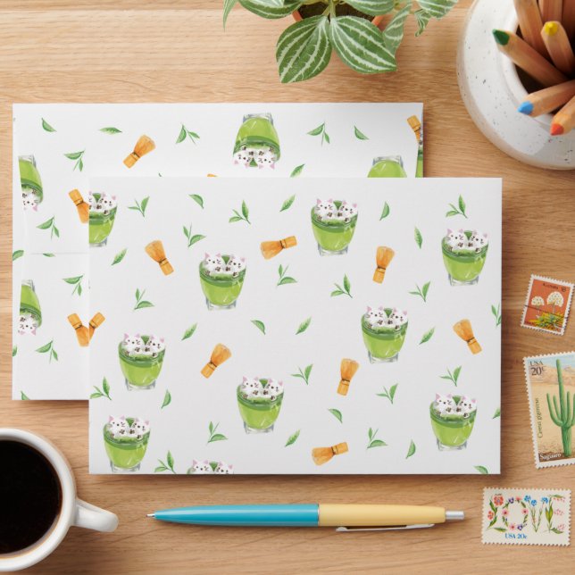 Cat Froth Matcha Green Tea Pattern Envelope (Desk)