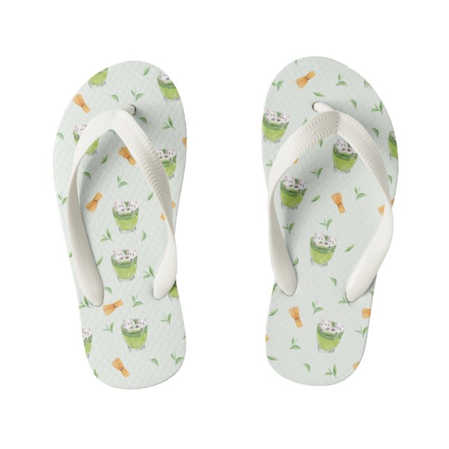 Cat Froth Matcha Green Tea Pattern Kid's Flip Flops (Footbed)
