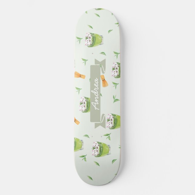 Cat Froth Matcha Green Tea Pattern Skateboard (Front)