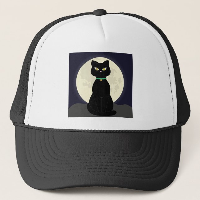 Cat Full Moon Night Moon Halloween Pet Magic Trucker Hat (Front)