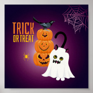 Cat fun at Halloween playing Ghost Poster