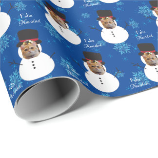 Cat Fun Face Snowman Merry Christmas spanish Wrap Wrapping Paper