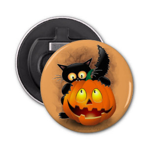 Cat Fun Halloween Character biting a Pumpkin   Bottle Opener
