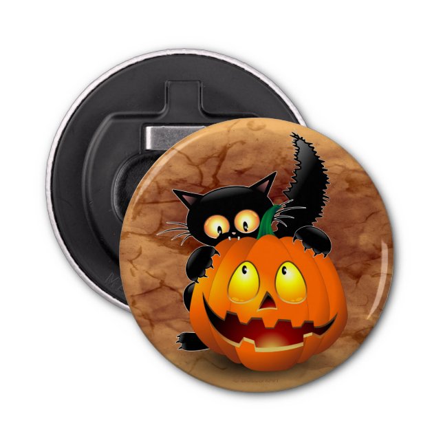 Cat Fun Halloween Character biting a Pumpkin Bottle Opener (Front)