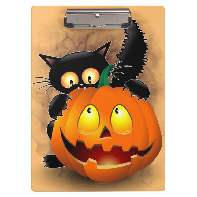 Cat Fun Halloween Character biting a Pumpkin  Clipboard (Front)