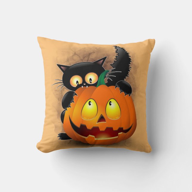 Cat Fun Halloween Character biting a Pumpkin Cushion (Front)