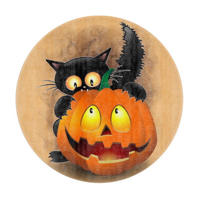 Cat Fun Halloween Character biting a Pumpkin Cutting Board (Front)