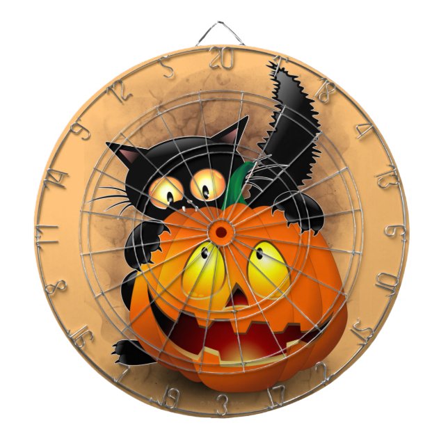 Cat Fun Halloween Character biting a Pumpkin Dartboard (Front)
