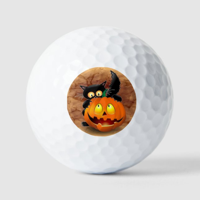 Cat Fun Halloween Character biting a Pumpkin Golf Balls (Front)