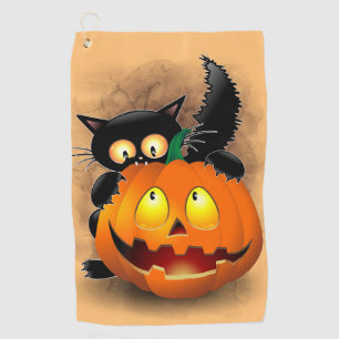 Cat Fun Halloween Character biting a Pumpkin Golf Towel
