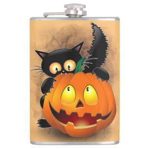 Cat Fun Halloween Character biting a Pumpkin  Hip Flask